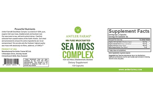 Antler Farms – 100% Pure Sea Moss Complex, 130 Capsules, Organic & Wildcrafted Irish Antler FarmsUS supplements