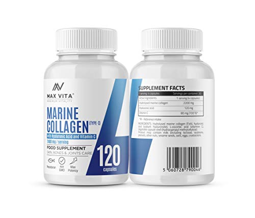Marine Collagen Type 1 2400mg - 120 Capsules Supplement with Hyaluronic Acid and Vitamin C MAX VITA MAXIMUM VITALITYUS supplements