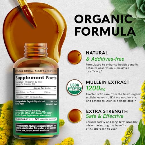 USDA Organic Mullein Drops for Lungs - Mullein Leaf Extract Supplement - Made in USA NUTRAHARMONYUS supplements