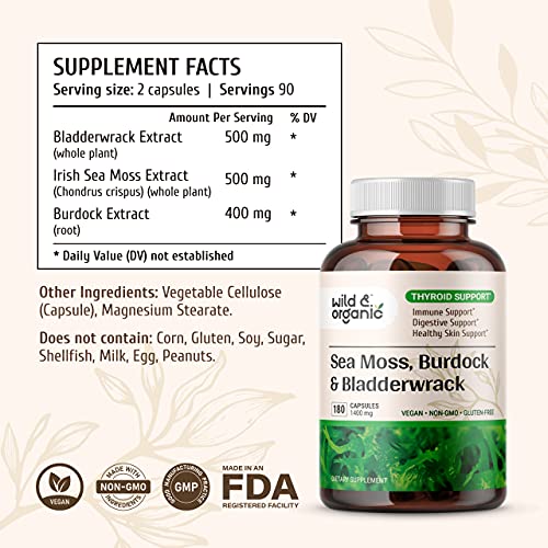 Sea Moss Capsules - 180 Caps Wildcrafted Irish Moss, Burdock Root & Bladderwrack Wild & OrganicUS supplements