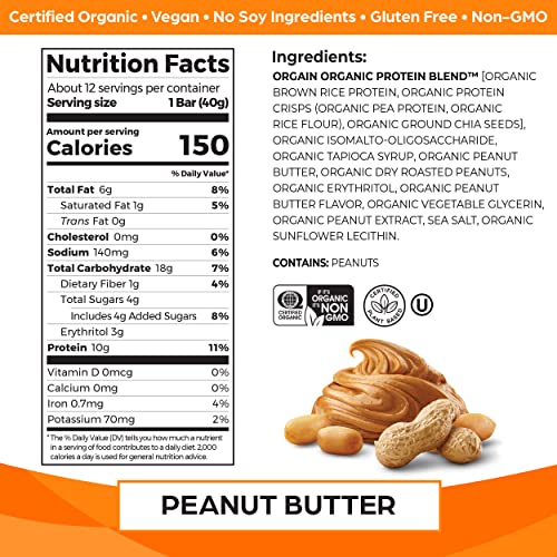 Orgain Organic Vegan Protein Bars, Peanut Butter - 10g Plant Based Protein OrgainUS supplements