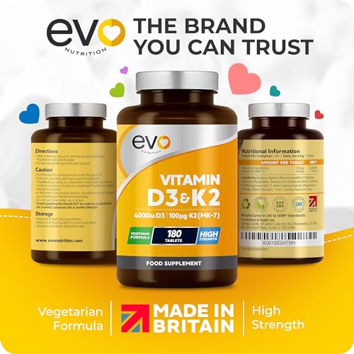 Vitamin D3 4000iu & Vitamin K2 100ug (MK7) |180 Vegetarian Tablets | 1-A-Day | 6 Month EVO NUTRITIONUS supplements