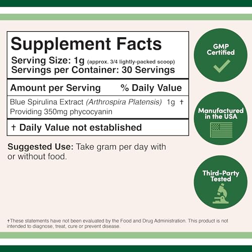 Blue Spirulina Powder - Maximum 35% Phycocyanin Content, Superfood Powder from Blue Double Wood SupplementsUS supplements