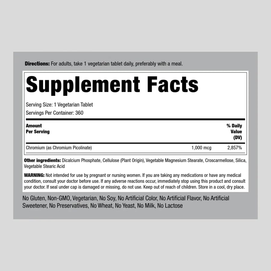 Chromium Picolinate 1000 mcg | 360 Tablets | Chromium Supplement | Vegetarian, Non-GMO Piping RockUS supplements