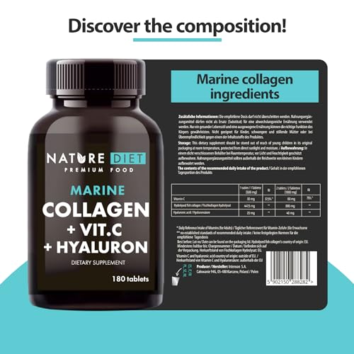 Nature Diet - Marine Collagen with Hyaluronic Acid and Vitamin C, 180 tablets, 500 mg , Peptan F , Fish Collagen Nature DietUS supplements