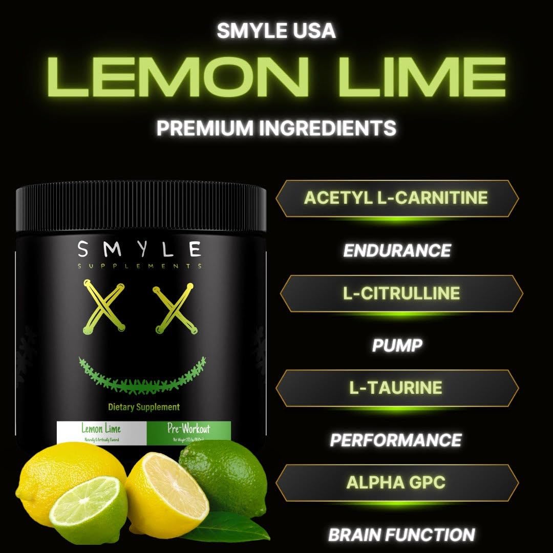 Smyle USA Pre-Workout Powder Lemon Lime - Pre Workout Energy with 400mg Alpha Smyle SupplementsUS supplements