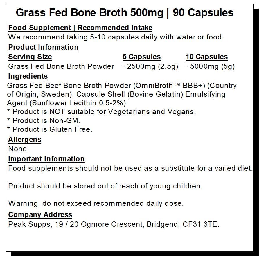 Grass fed Beef Bone Broth 500mg- 90 Capsules - Rich in Type 1 & 3 Collagen Peak SuppsUS supplements