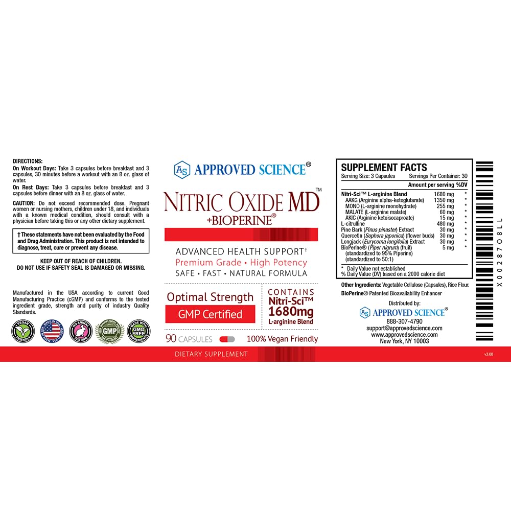 Approved Science Nitric Oxide MD - Muscle Development, Lean Body Mass, Improve Oxygen Approved ScienceUS supplements