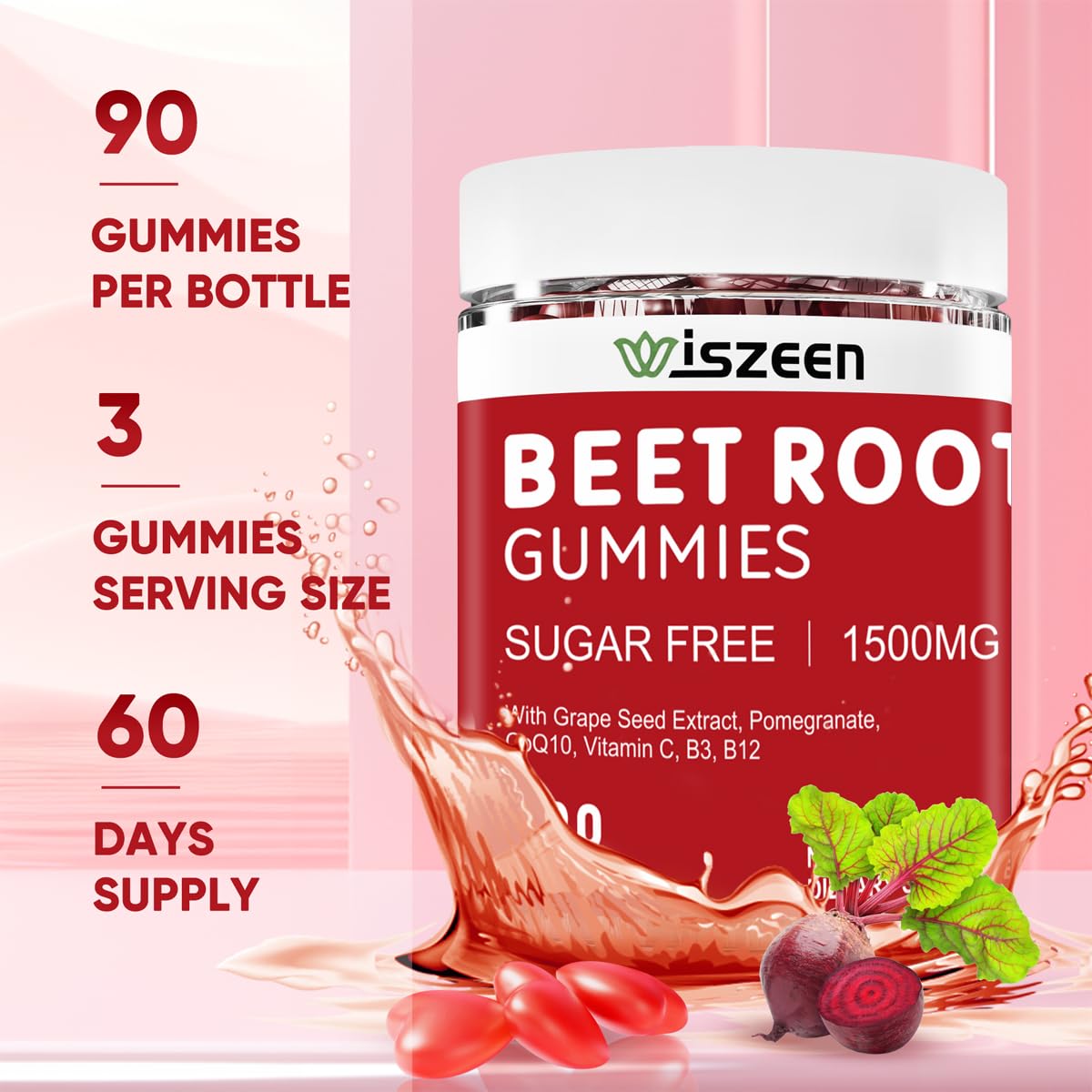 Wiszeen Beet Root Gummies - 60 Servings - Beets Gummies Beet Chews Nitric Oxide WiszeenUS supplements