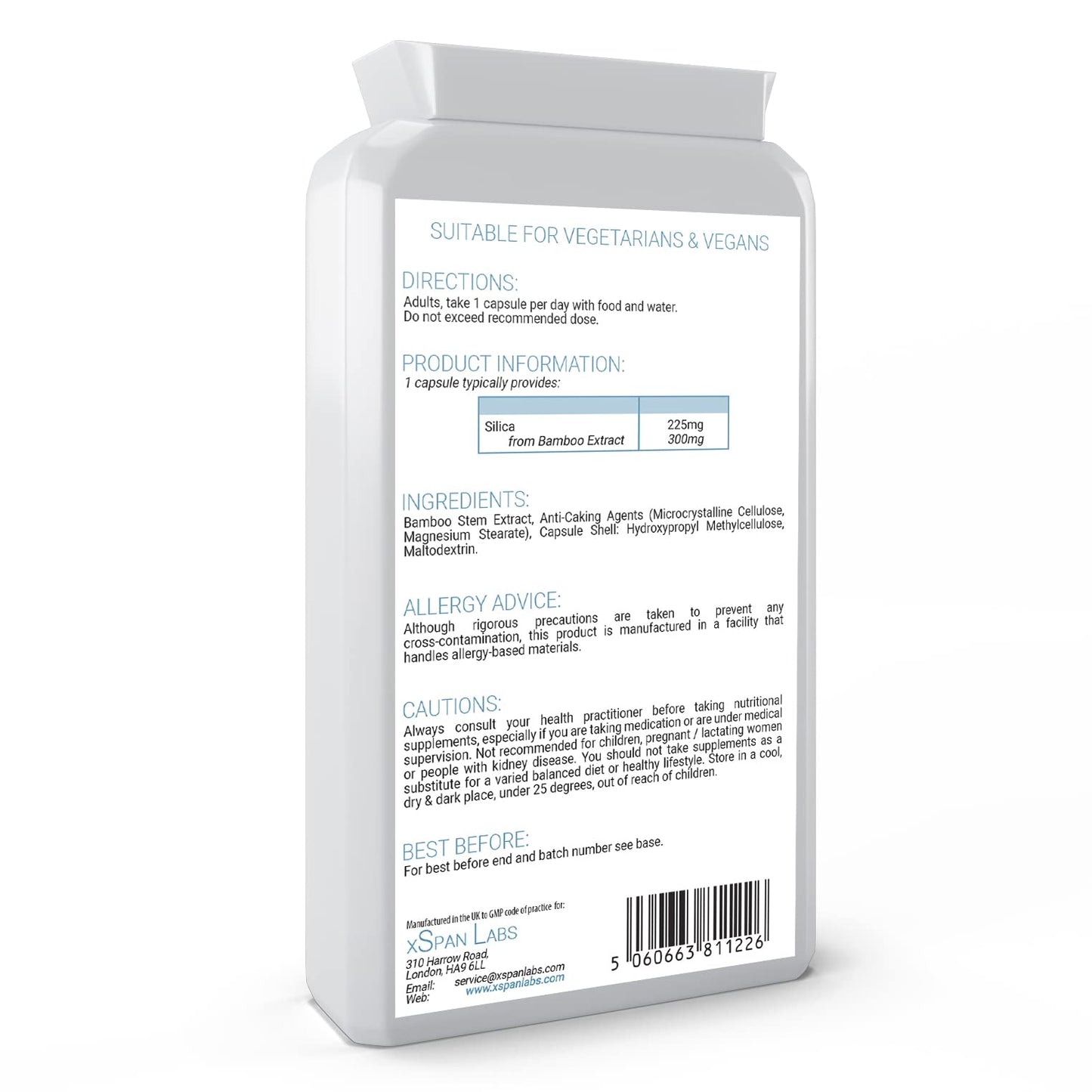 Silica 225mg – 90 Capsules - A Potent Highly Bioavailable Form - Naturally Sourced from Bamboo Extract - One-A-Day Vegan Capsules to Support Healthy Hair, Nails and Skin - Made in The UK Xspan LabsUS supplements