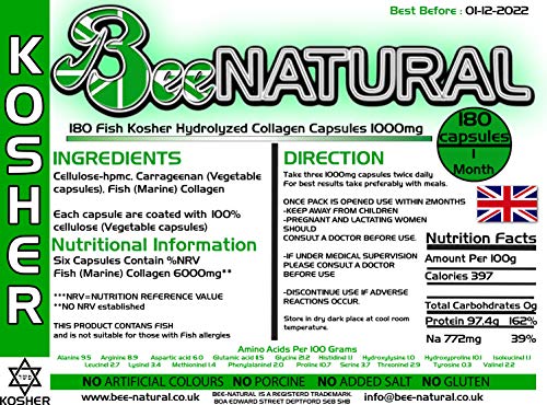 Bee-natural Kosher Pure Marine Hydrolyzed Collagen 1000mg 180 Capsules Bee-naturalUS supplements