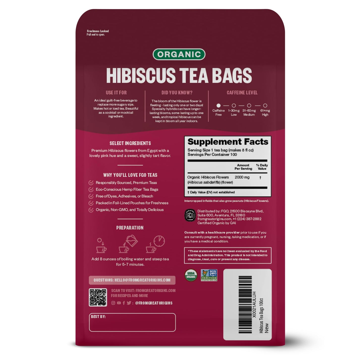 FGO Organic Hibiscus Tea, Eco-Conscious Tea Bags, 100 Count, Packaging May Vary FGOUS supplements
