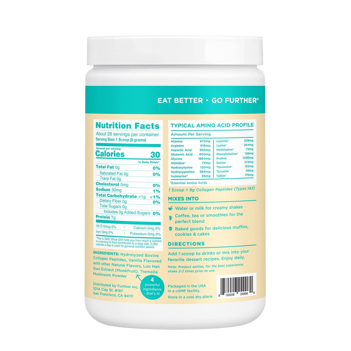 Further Food Collagen Peptides Powder Vanilla Flavored Keto Grass-Fed Collagen Type Further FoodUS supplements
