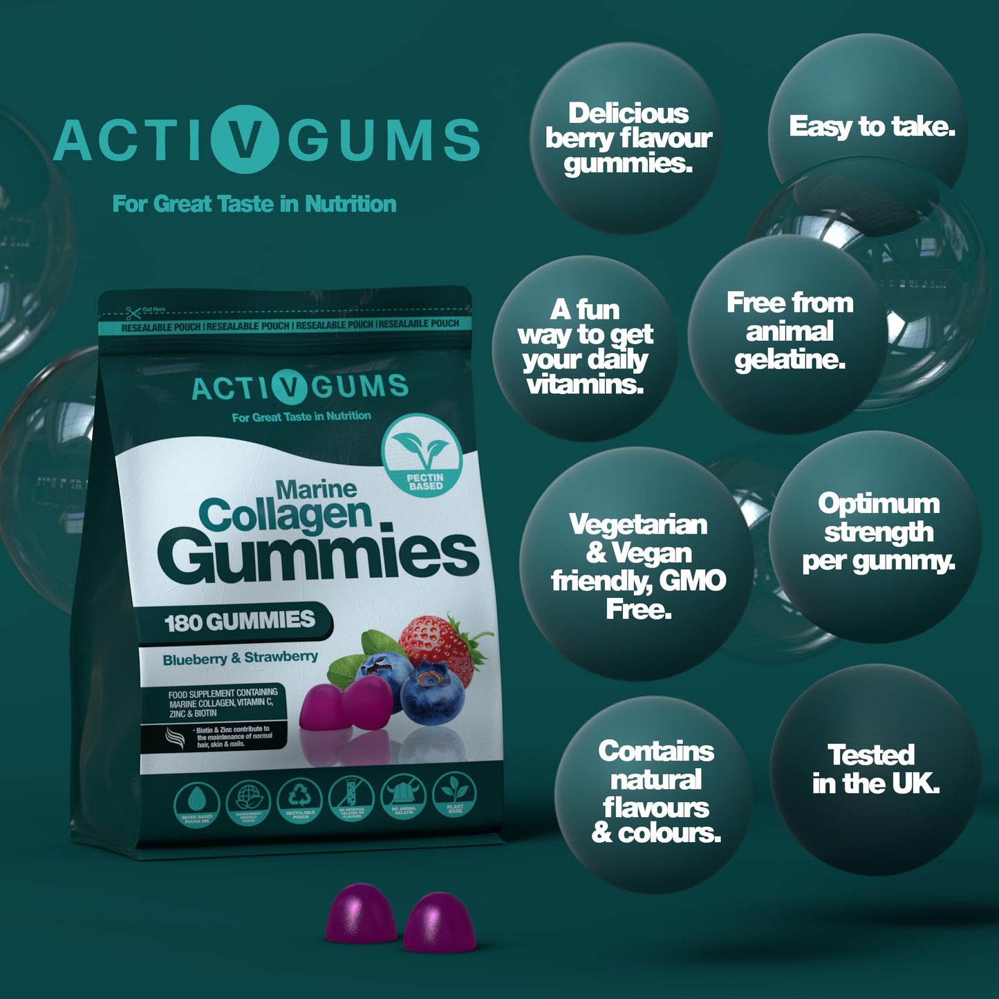 Marine Collagen Complex 180 Gummies. Strawberry & Blueberry Flavour. Resealable & Recyclable Pouch. Contains Marine Collagen, Vitamin C Activ GumsUS supplements