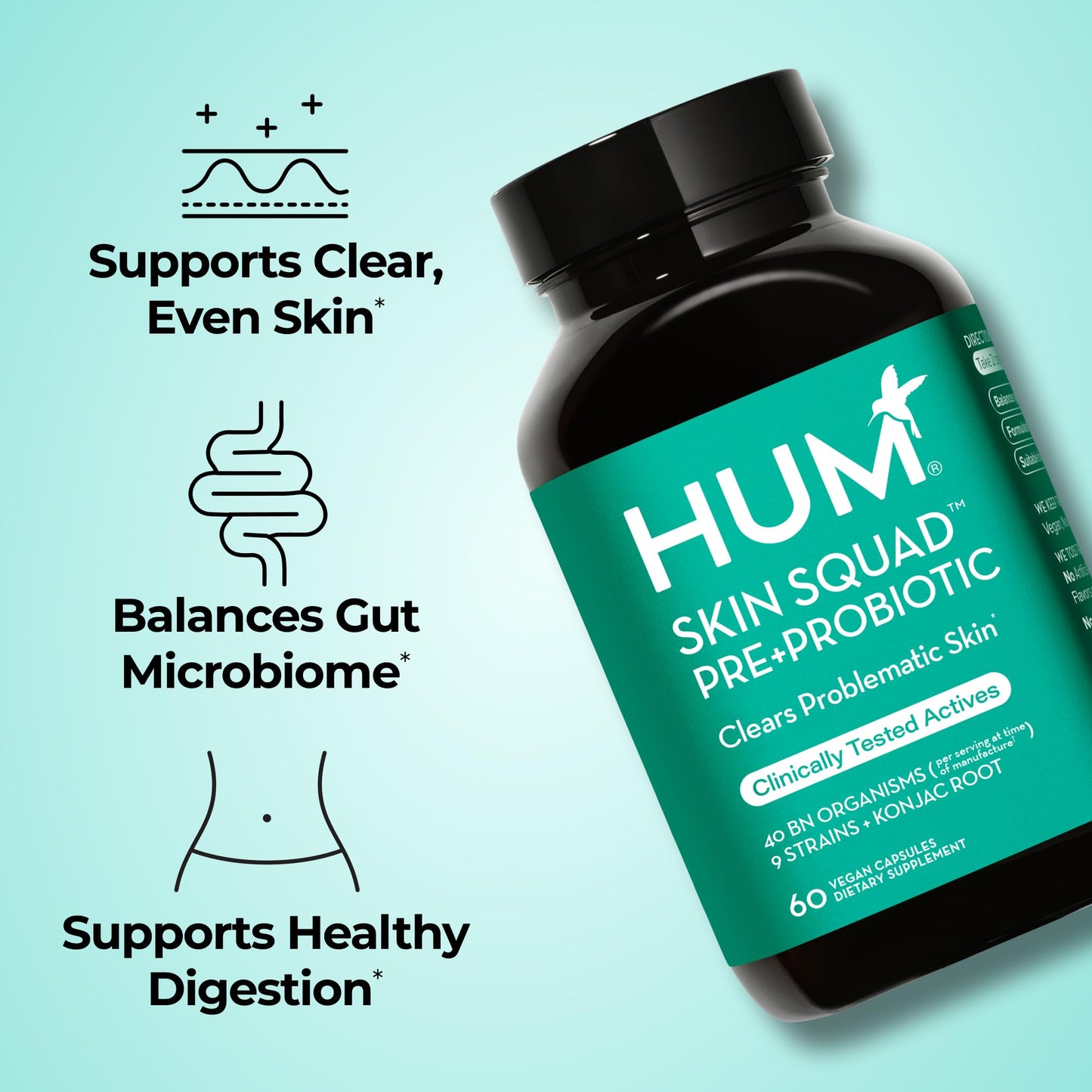 HUM Skin Squad Probiotics for Women and Men, Skin Care Supplement for Clear Complexion & Gut Health Support, Microbiome Prebiotic & Probiotic Supplement for Breakouts, Digestive Health, 60 Capsules HUMUS supplements