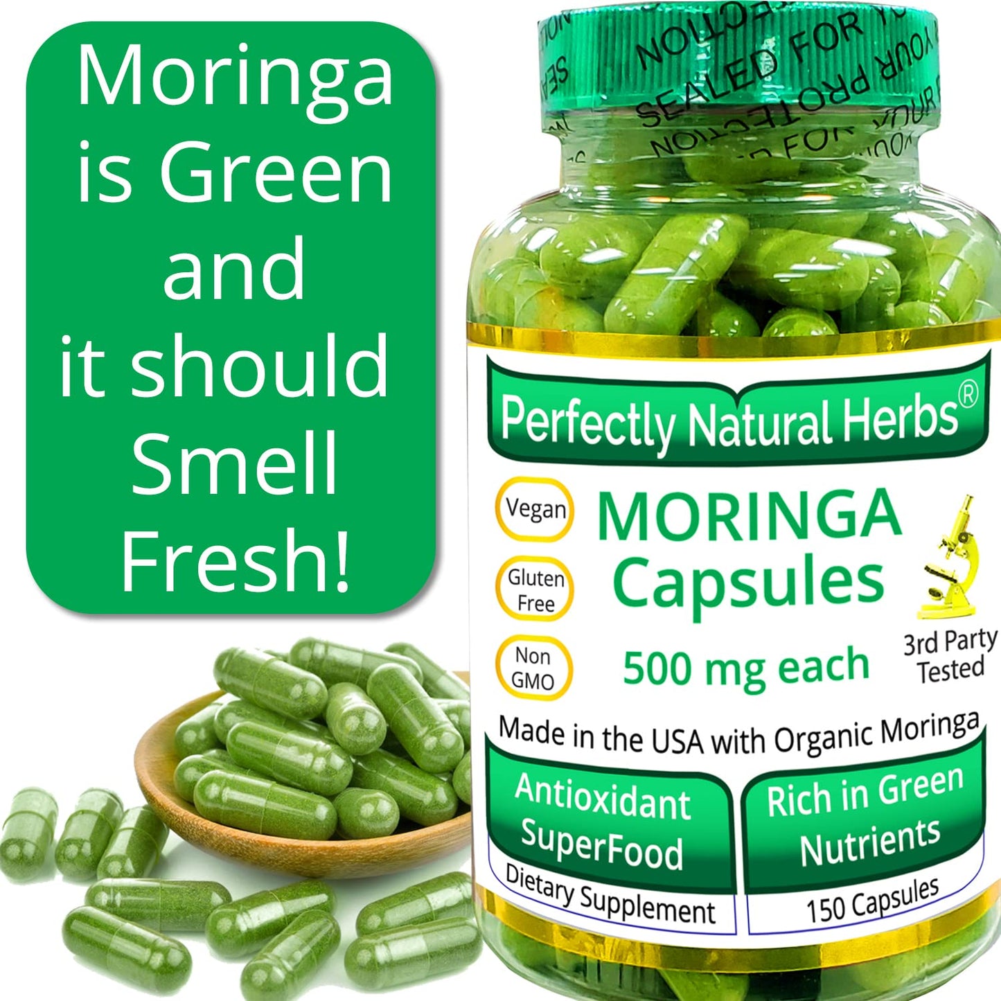 150 Moringa Capsules Made With USDA Certified Organic Moringa Leaf Powder Perfectly Natural HerbsUS supplements