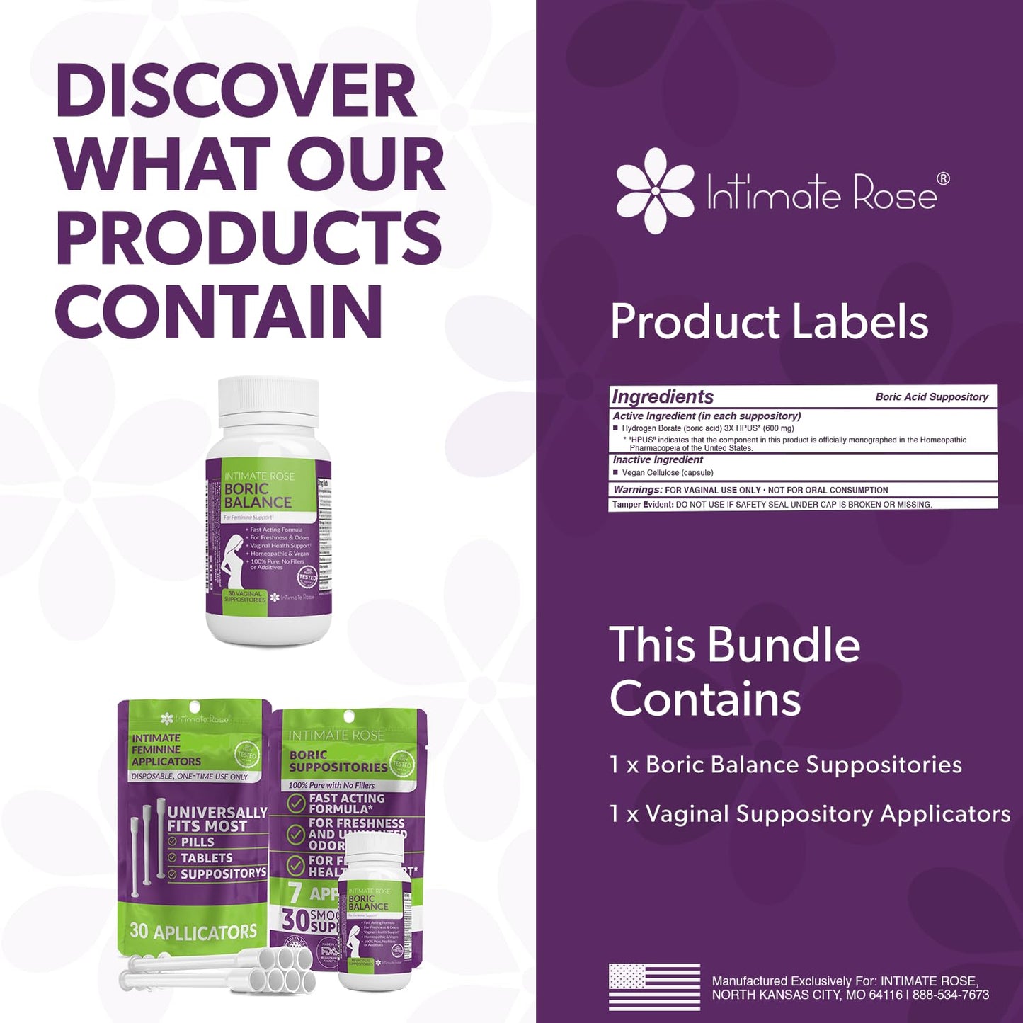 Intimate Rose Boric Acid Vaginal Suppositories - 30 Count (600mg) + 30 Applicators - Feminine Balance, Vaginal Odor, Promote Vaginal Health Intimate RoseUS supplements