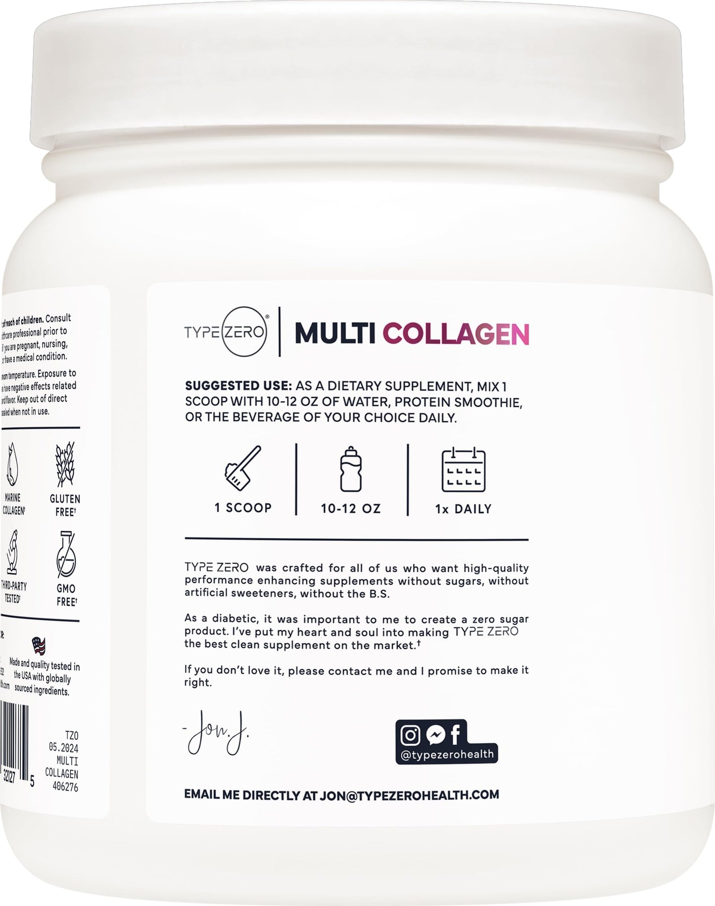 Type Zero Multi Collagen Powder 30 Servings (Unflavored) - Types I, II, III, V, & X Collagen Peptides + Hyaluronic Acid, VIT C, Biotin Type ZeroUS supplements