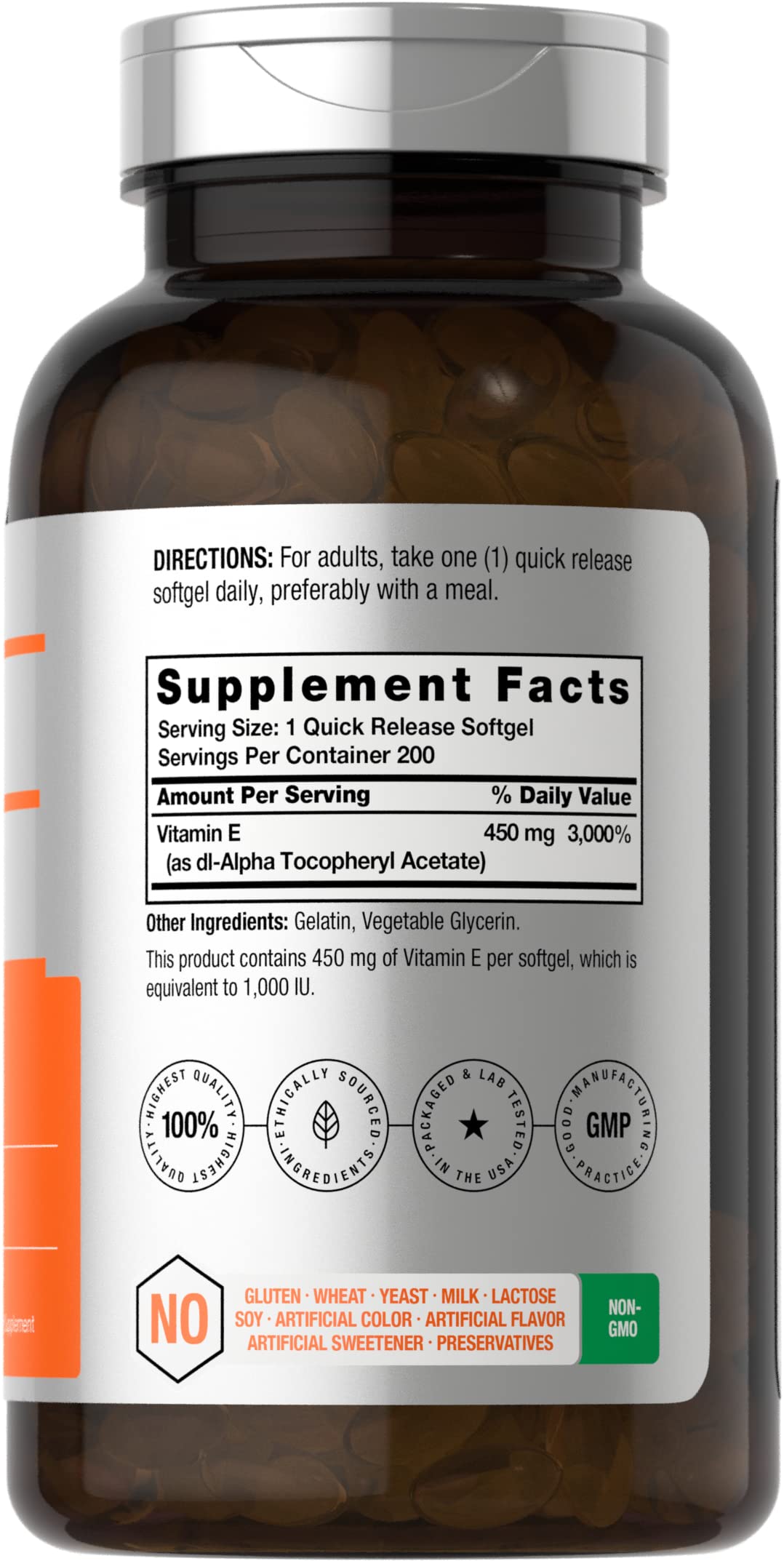 Vitamin E 1000 IU Softgel Capsules | 200 Count | Non-GMO, Gluten Free, Preservative Free HorbäachUS supplements