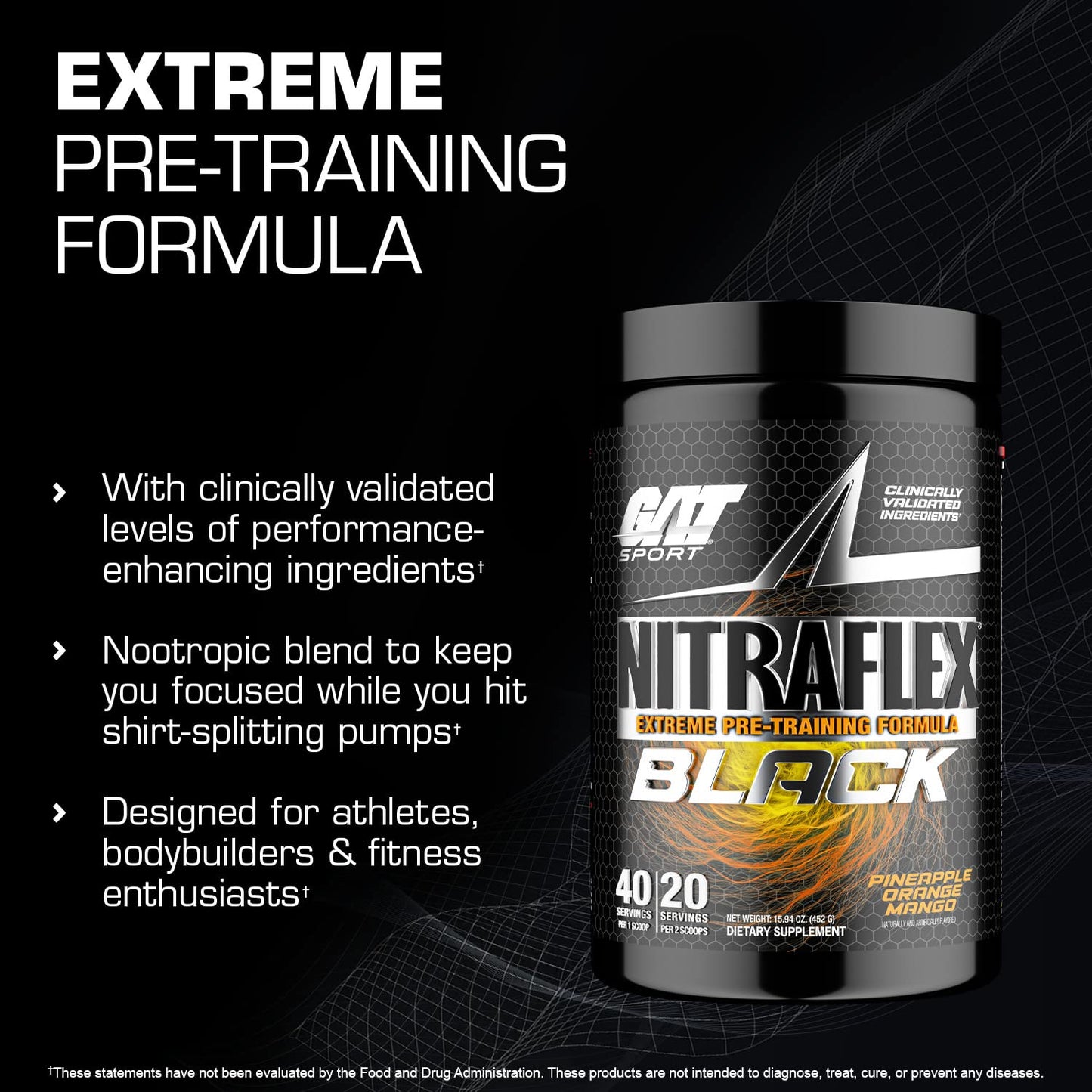 GAT SPORT Nitraflex Black Pre-Workout Powder, Extreme Pre-Training Formula for Men GAT SPORTUS supplements