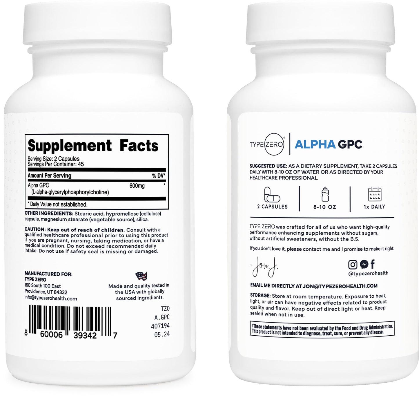 Type Zero Ultra Clean Alpha GPC Choline Supplement (600mg | 90 Capsules) Soy Free, Non-GMO Nootropics Alpha GPC 600mg / 300mg; Alpha-GPC Brain Memory and Focus Supplements Type ZeroUS supplements