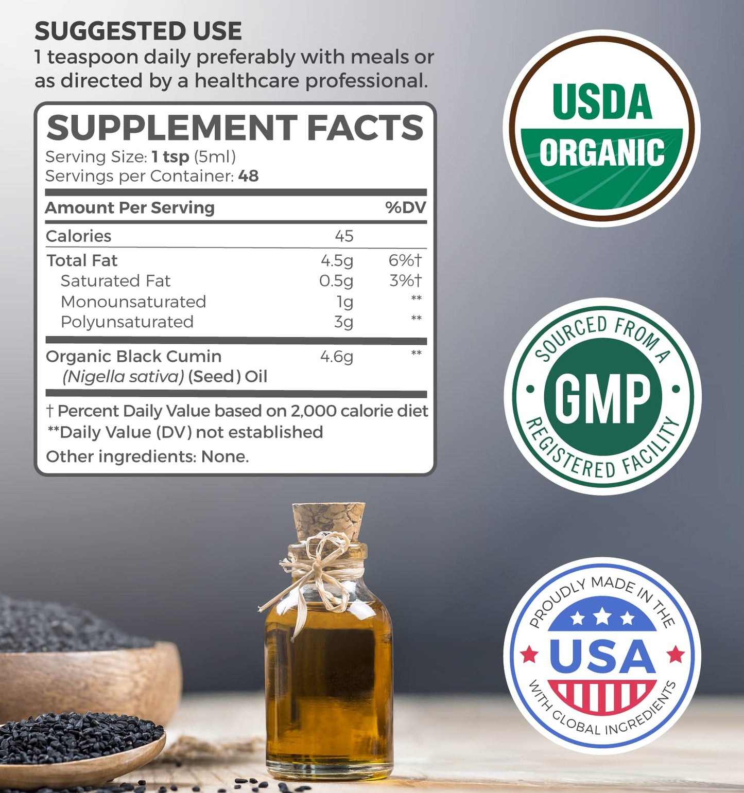 USDA Organic Black Cumin Seed Oil Liquid (8 fl oz) Premium Cold-Pressed Nigella Sativa Healths HarmonyUS supplements