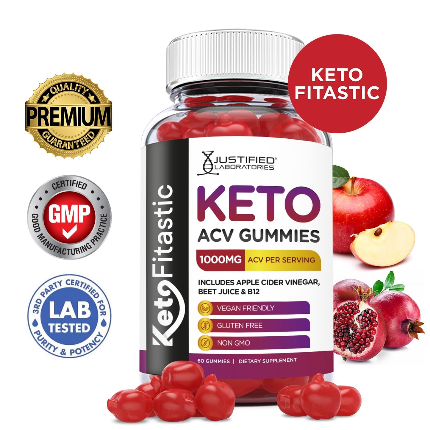 Justified Laboratories (3 Pack) Ketofitastic Keto Gummies 1000MG ACV with Pomegranate Justified LaboratoriesUS supplements
