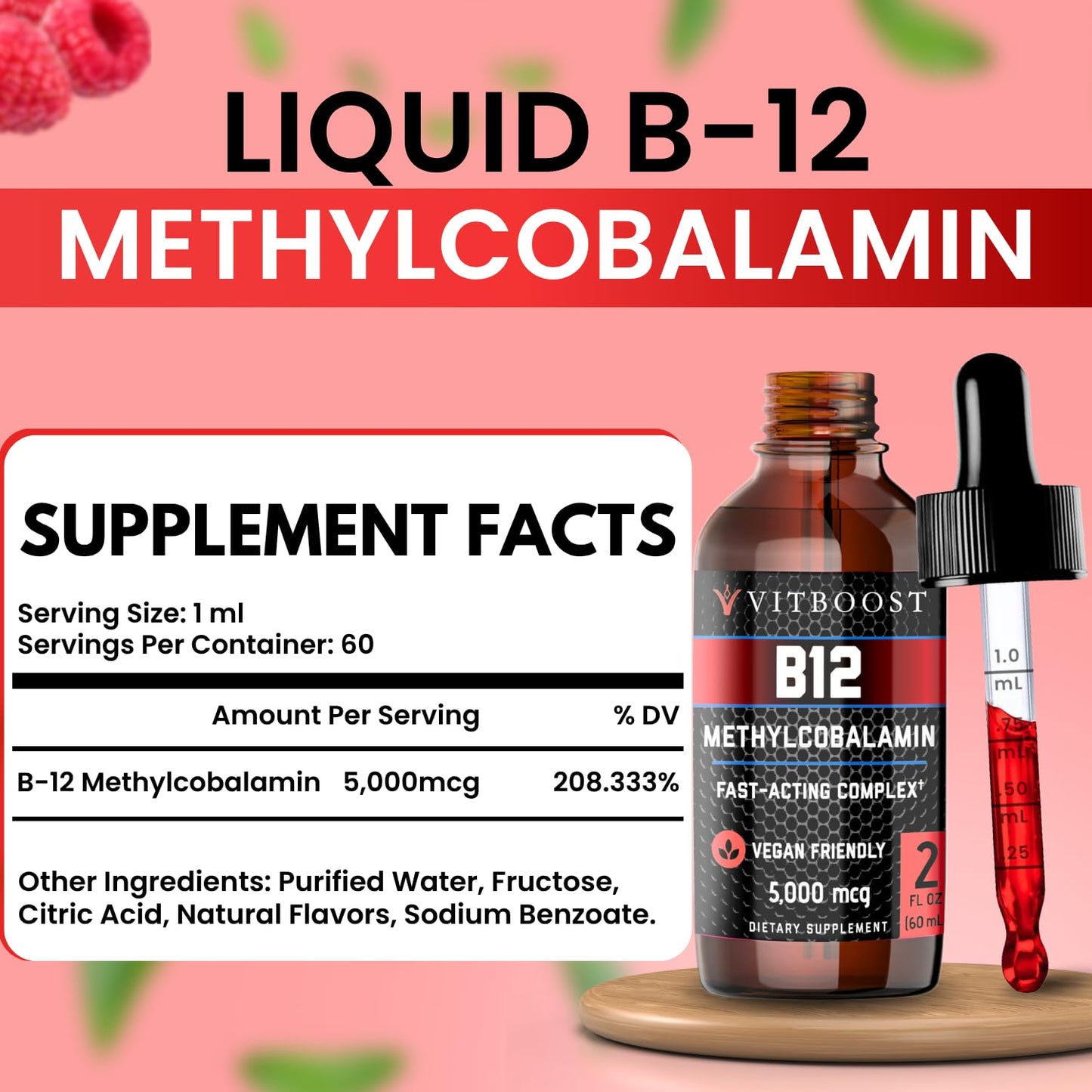 VITBOOST Vegan Liquid B-12 Drops – 60 x 5000 mcg Extra Strength Raspberry Flavored Vitamin B12 Liquid Methylcobalamin sublingual Supplement | Designed to Maximize Absorption VITBOOSTUS supplements