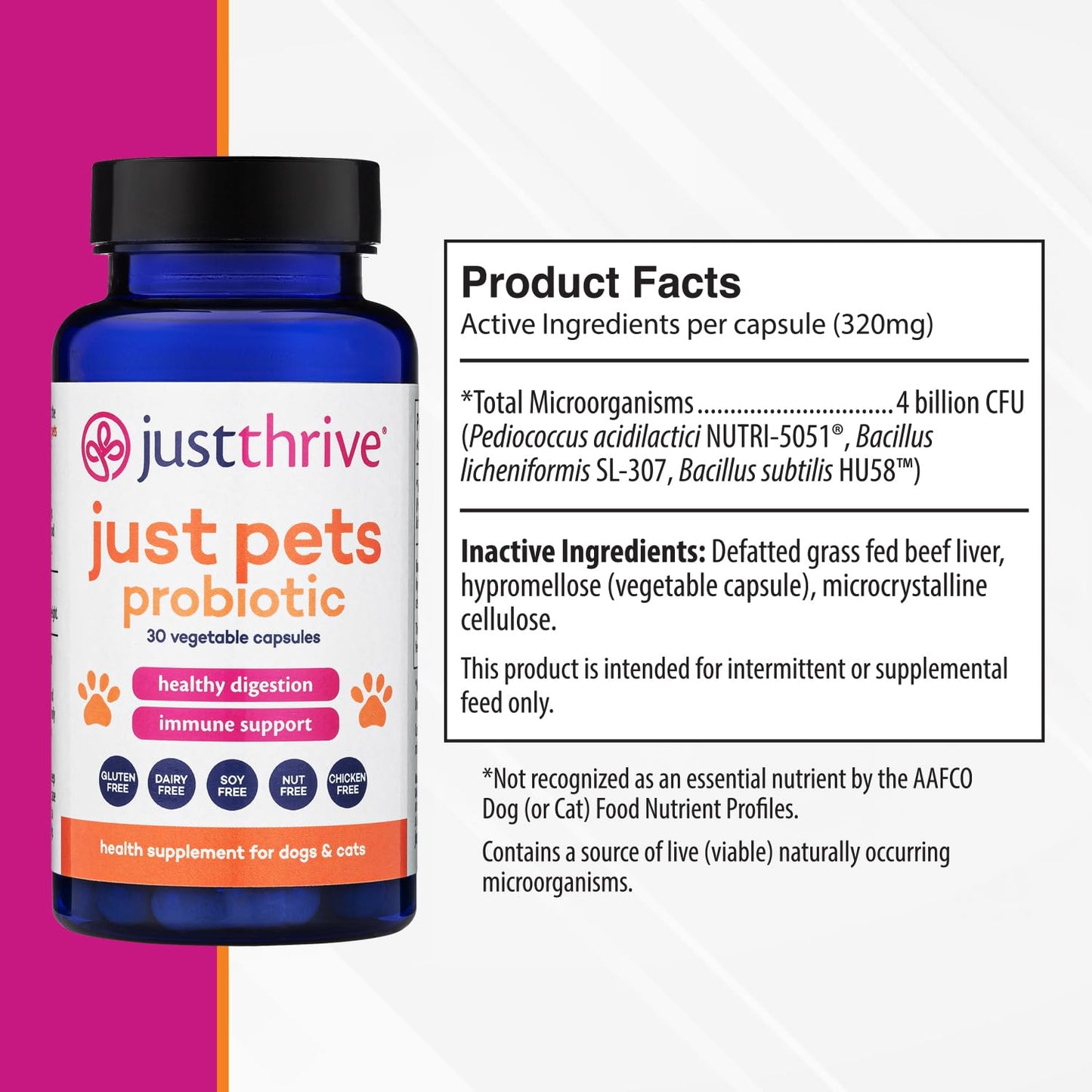 Just Thrive Just Pets Probiotic - Daily Digestive Probiotics for Dogs and Cats - 4 Billion CFUs Pet Probiotic, 30 Capsules Just ThriveUS supplements