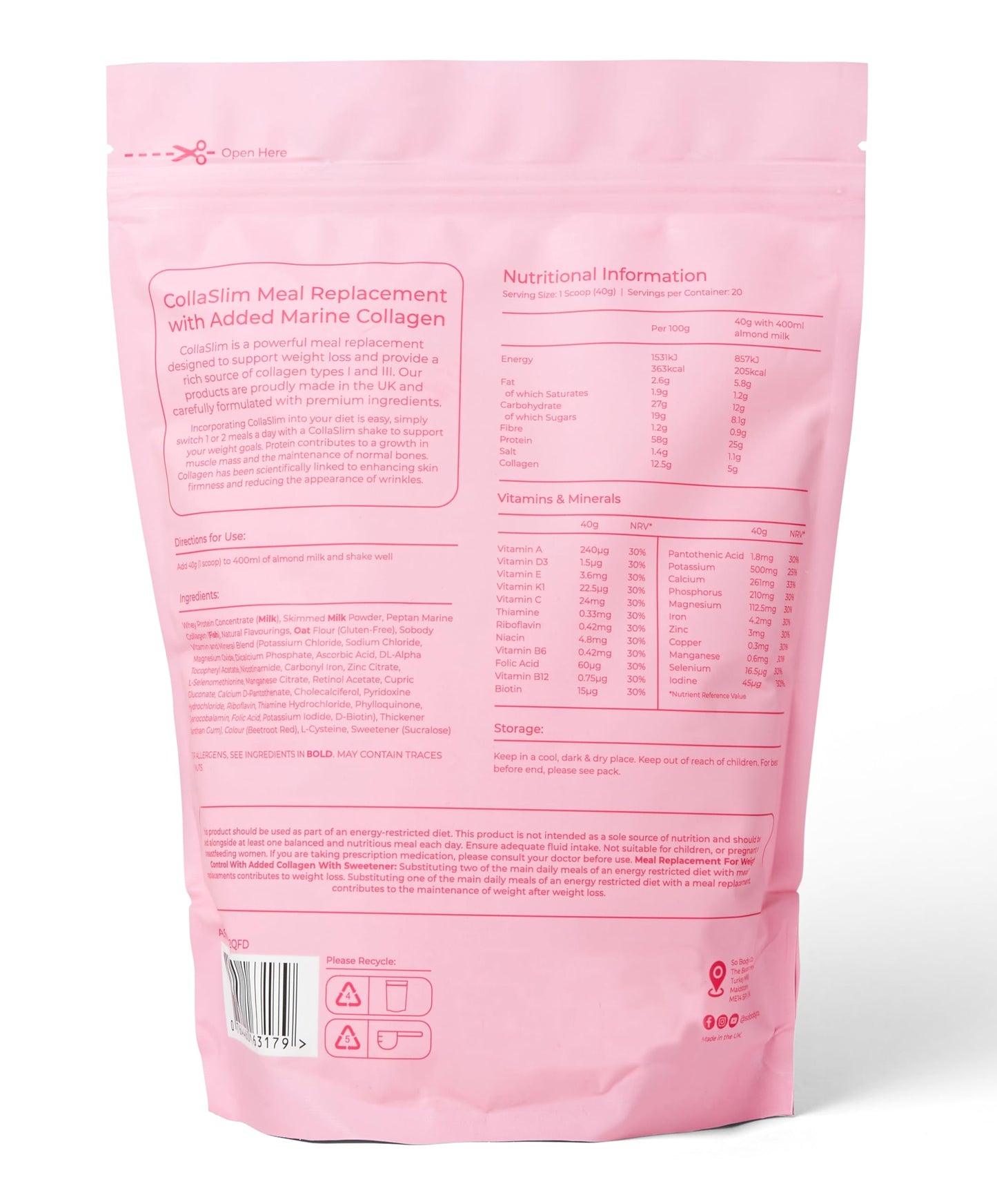 CollaSlim, Meal Replacement Shake with Added Collagen, Vitamins and Minerals, 800g So Body CoUS supplements
