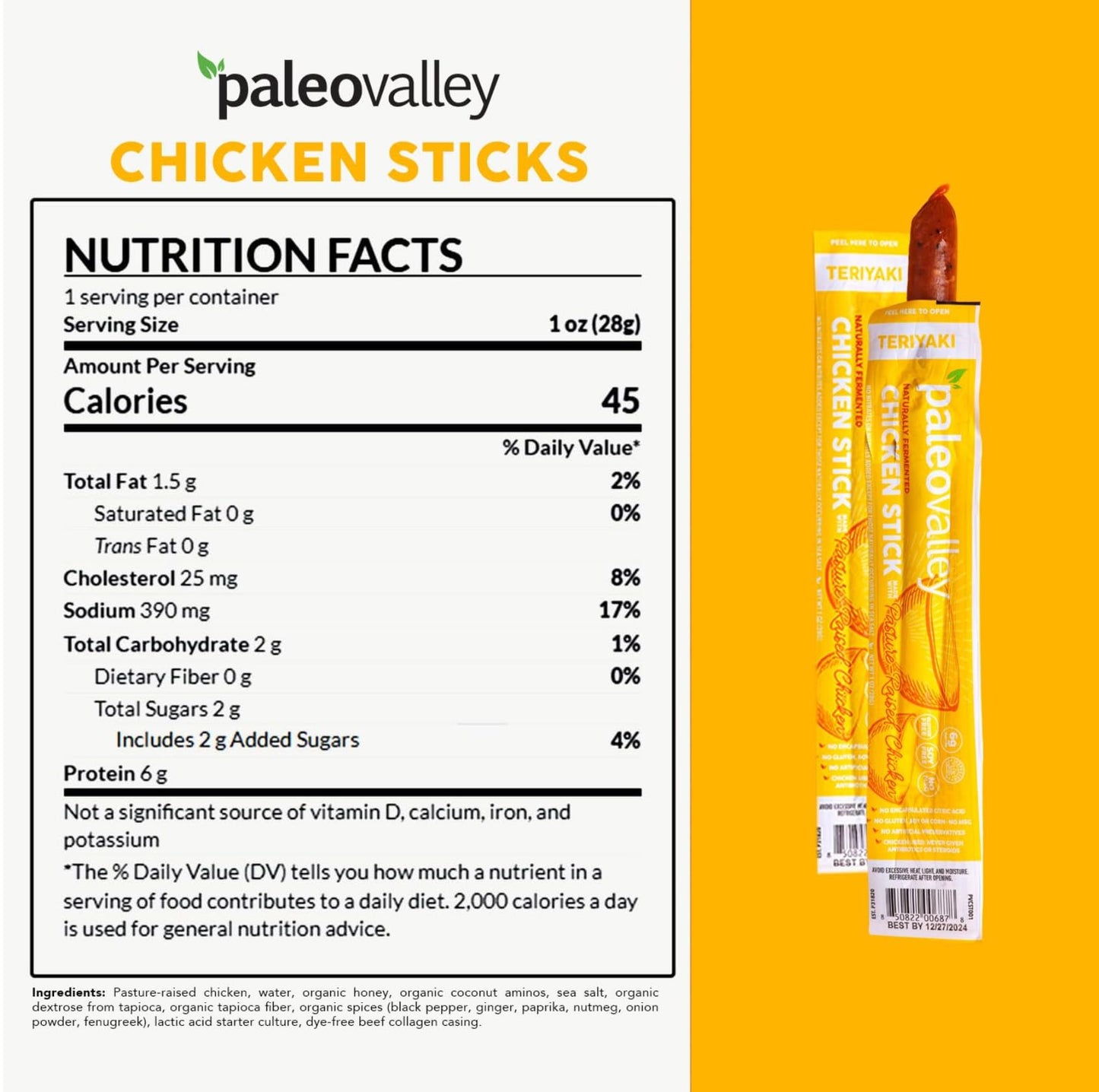Paleovalley Pasture-Raised Chicken Sticks – 10 Pack – 7g Protein per Stick – Keto-Friendly, Paleo, Gluten-Free, Nitrate-Free – On-the-Go Snack (10 Pack, Teriyaki) PaleovalleyUS supplements