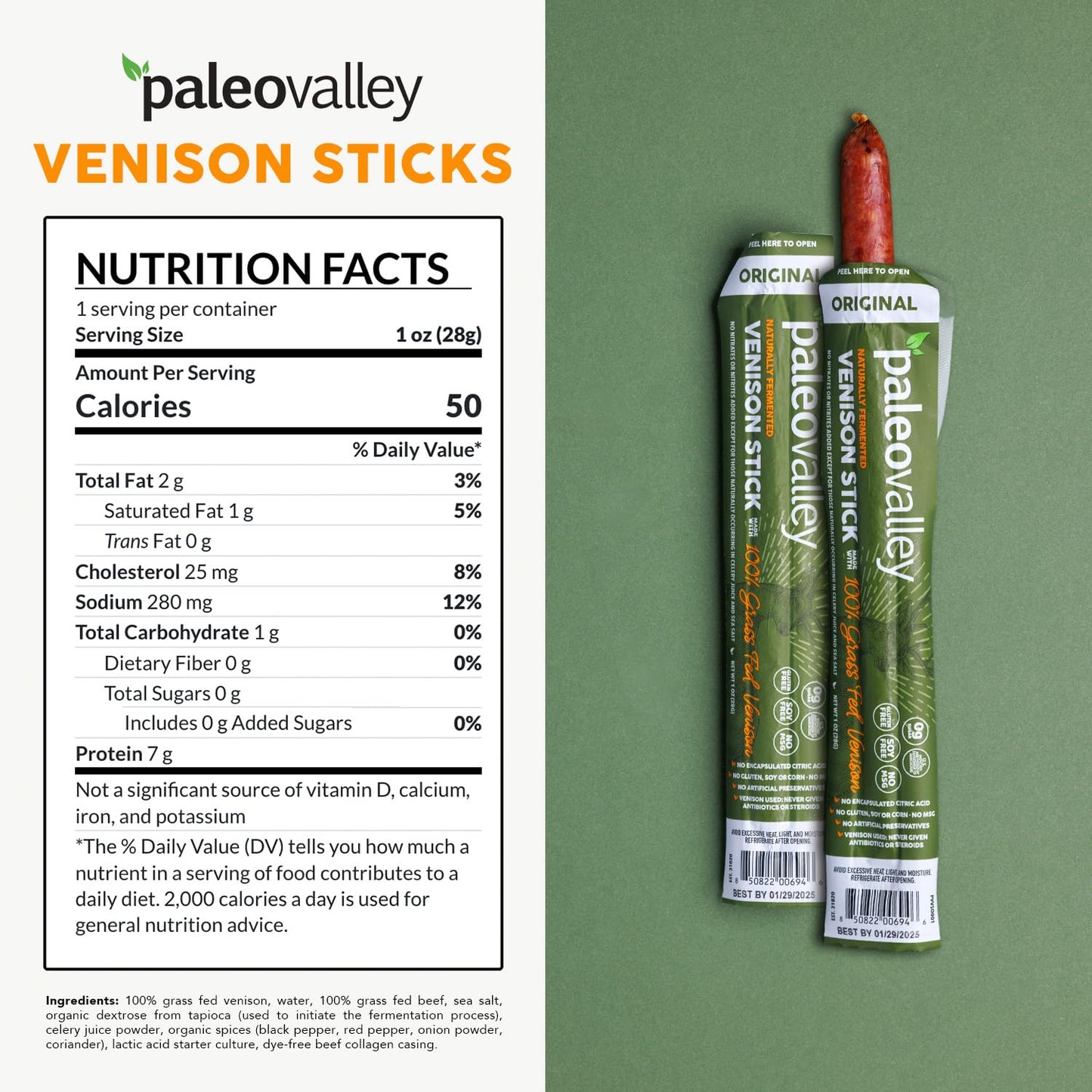 Paleovalley 100% Grass Fed Venison Sticks – 10 Pack – Keto-Friendly, High Protein, Low-Calorie Snack – Omega-3 Rich, Gluten-Free, Nitrate-Free, Naturally Flavored – Healthy On-the-Go Meat Snack PaleovalleyUS supplements