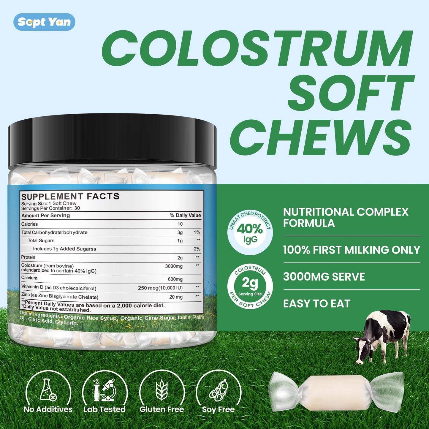 Colostrum Soft Chew Supplement (3000mg + 40% IgG), Concentrated Bovine Colostrum SEPT YANUS supplements
