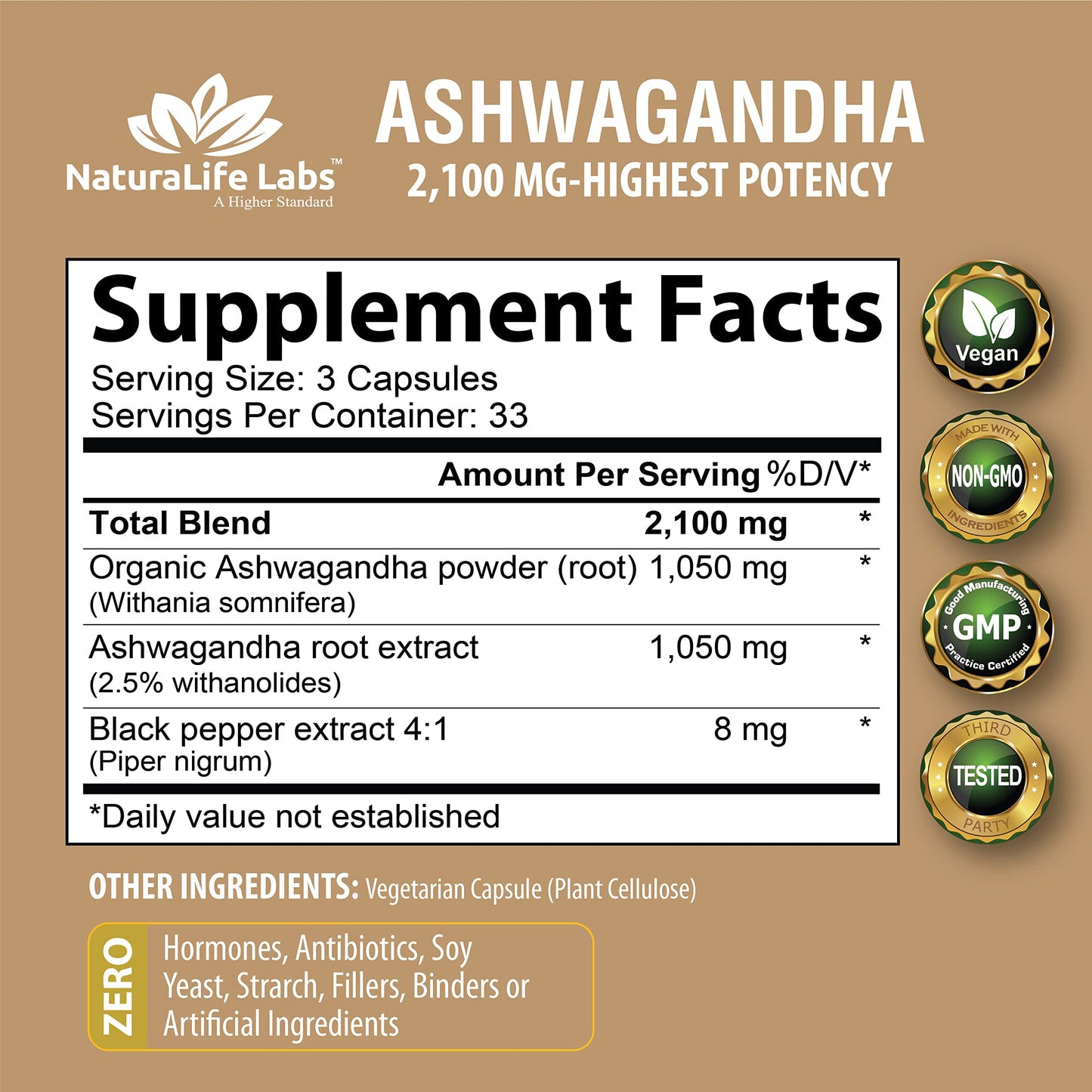 Organic Ashwagandha 2,100 mg - 100 Vegan Capsules Pure Organic Ashwagandha Powder NaturaLife Labs A Higher StandardUS supplements