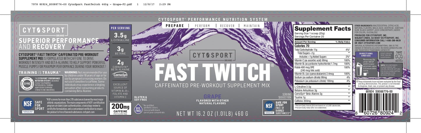 Fast Twitch from the makers of Gatorade,Caffeinated Pre-workout Supplement Mix,Grape Fast TwitchUS supplements