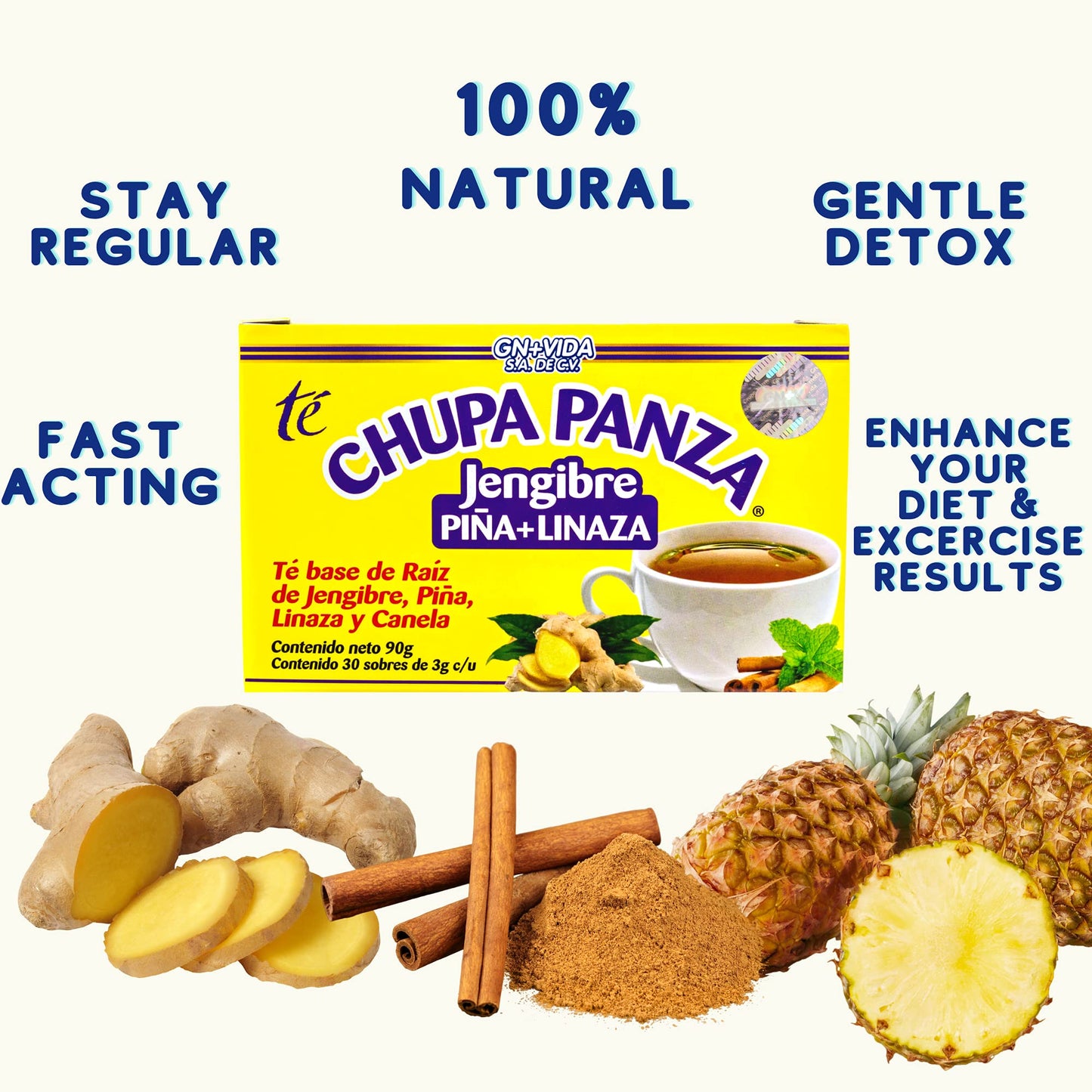 Tea CHUPA Panza, Tea Based ONGINGER Root, PINNEAPPLE, Flaxseed & Cinnamon GN+VidaUS supplements