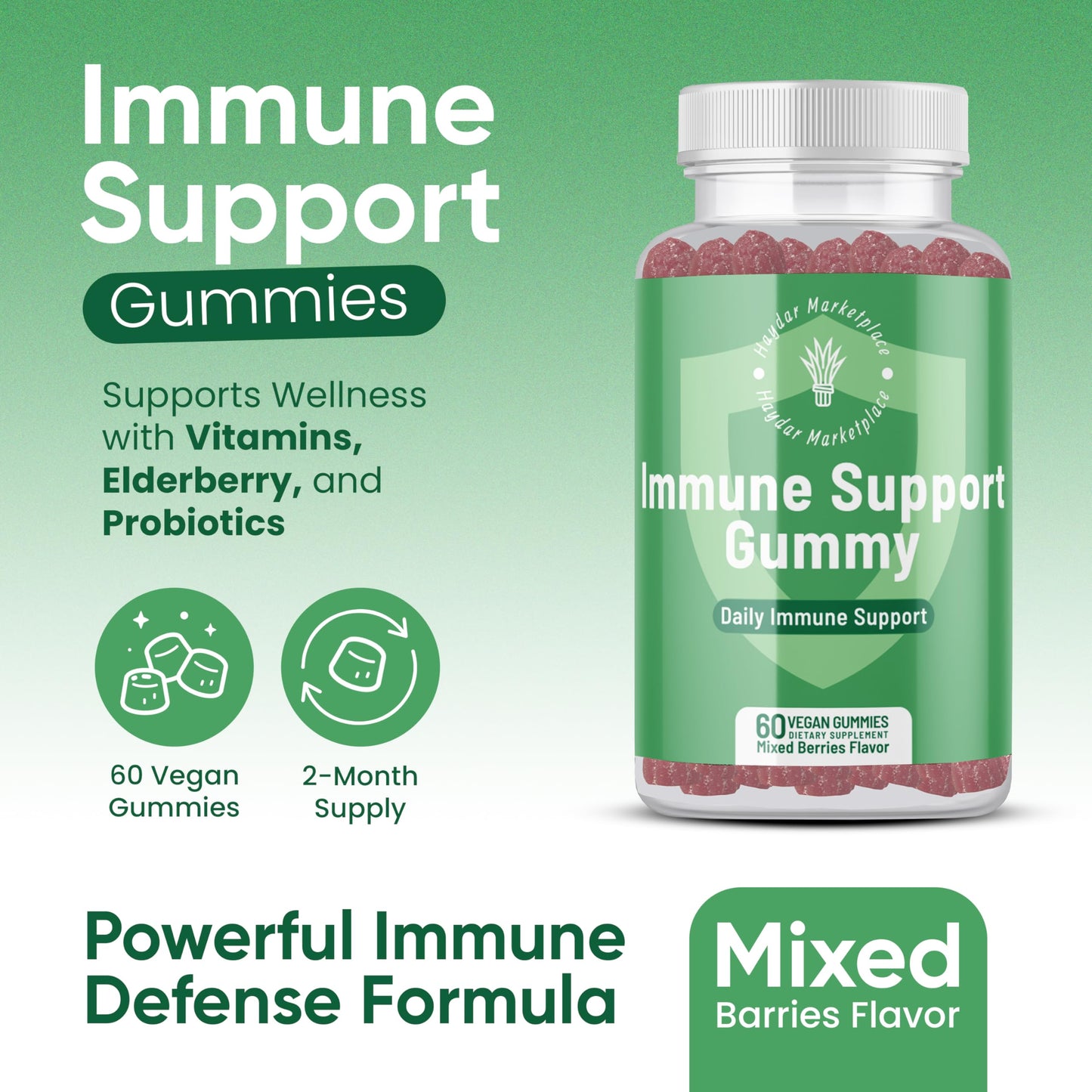 Haydar Marketplace Immune Boosters for Adults - Vegan Immune Support Gummies with Vitamins C & D, Zinc, Magnesium, Probiotics Haydar MarketplaceUS supplements