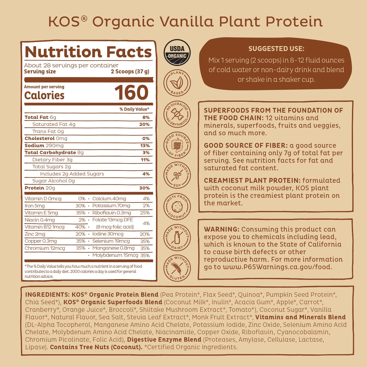 KOS Vegan Protein Powder Erythritol Free, Vanilla USDA Organic - Pea Protein Blend, Plant Based Superfood Rich in Vitamins & Minerals - Keto, Dairy Free - Meal Replacement for Women & Men, 28 Servings KOSUS supplements