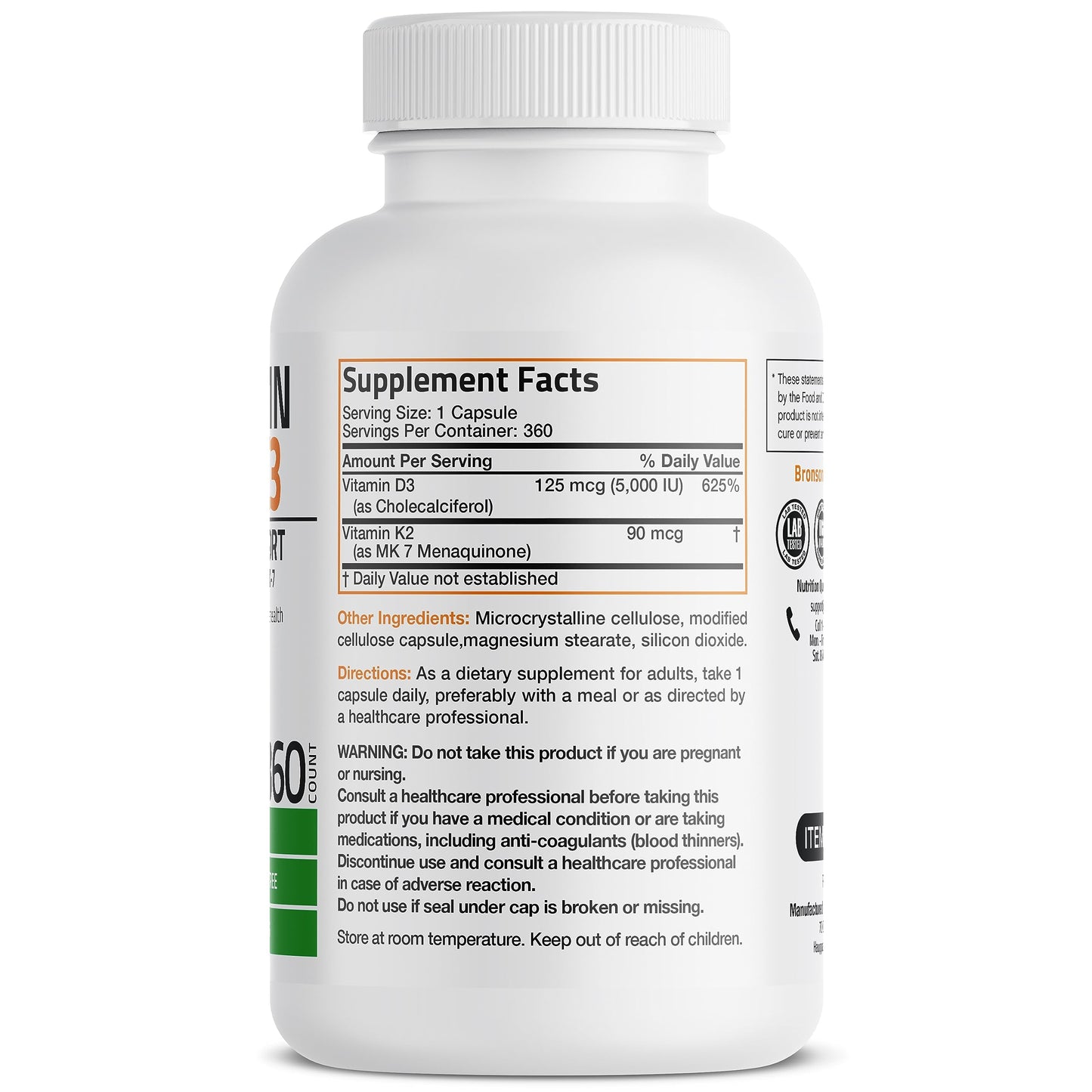 Bronson Vitamin K2 (MK7) with D3 Supplement Non-GMO Formula 5000 IU Vitamin D3 BronsonUS supplements