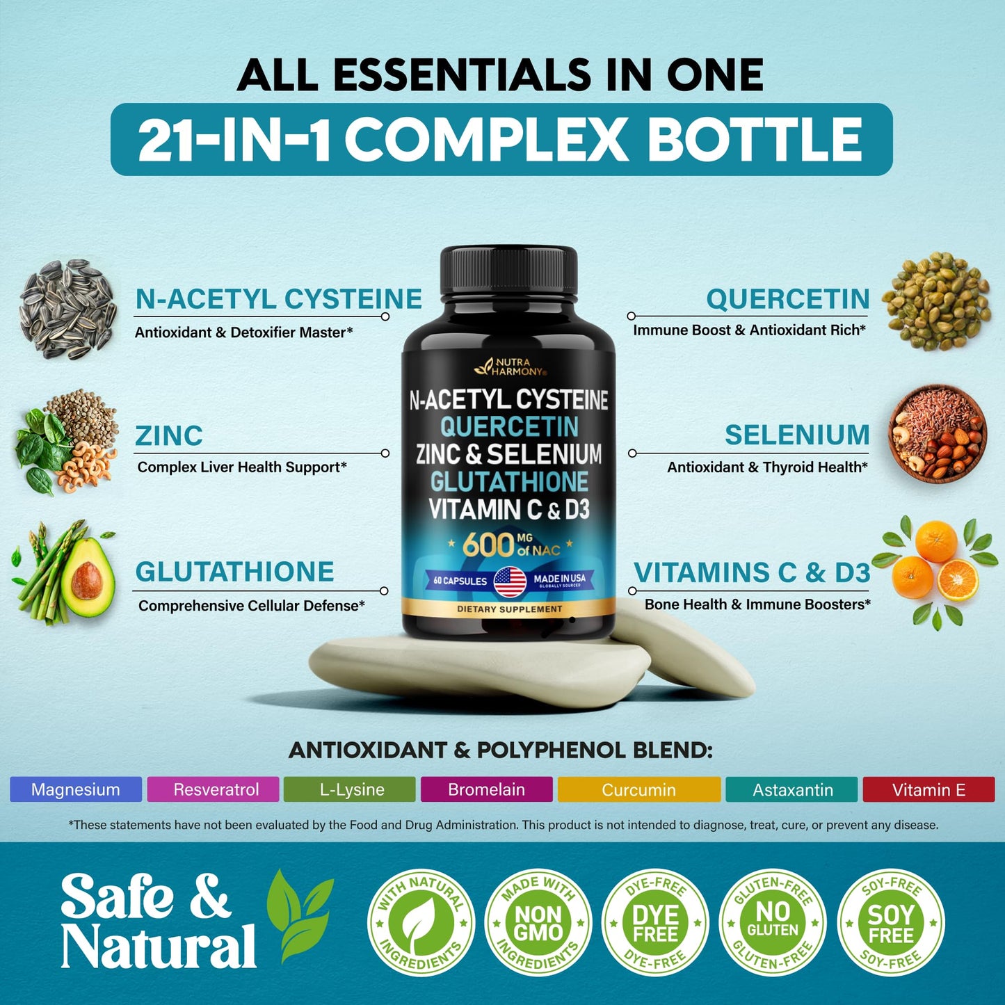 NAC 600 mg Supplement | Quercetin | Zinc | Glutathione | Selenium | Vitamin C & D3 NUTRAHARMONYUS supplements