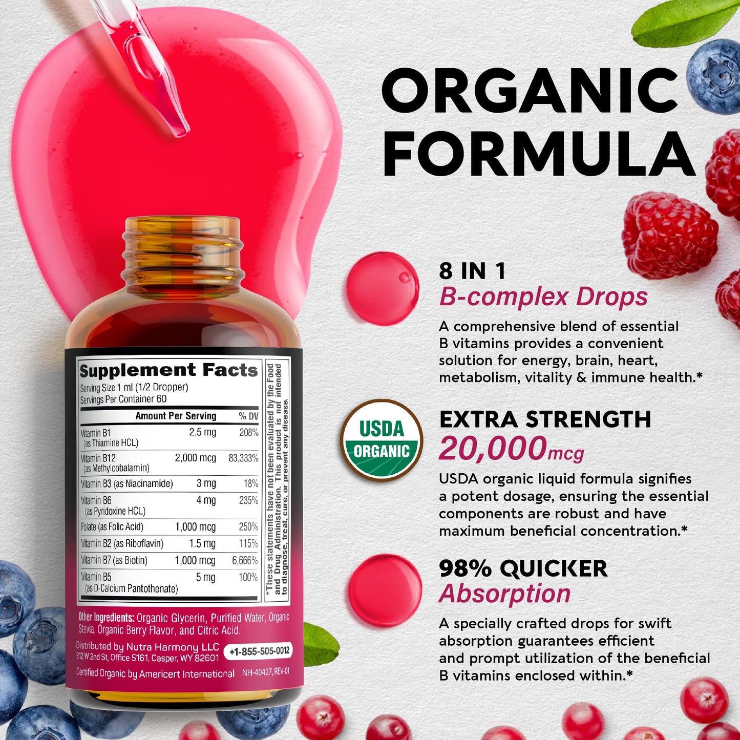 USDA Organic Vitamin B Complex Liquid Drops - 8-in-1 B Complex Vitamins: B1, B2, B3, B5 NUTRAHARMONYUS supplements