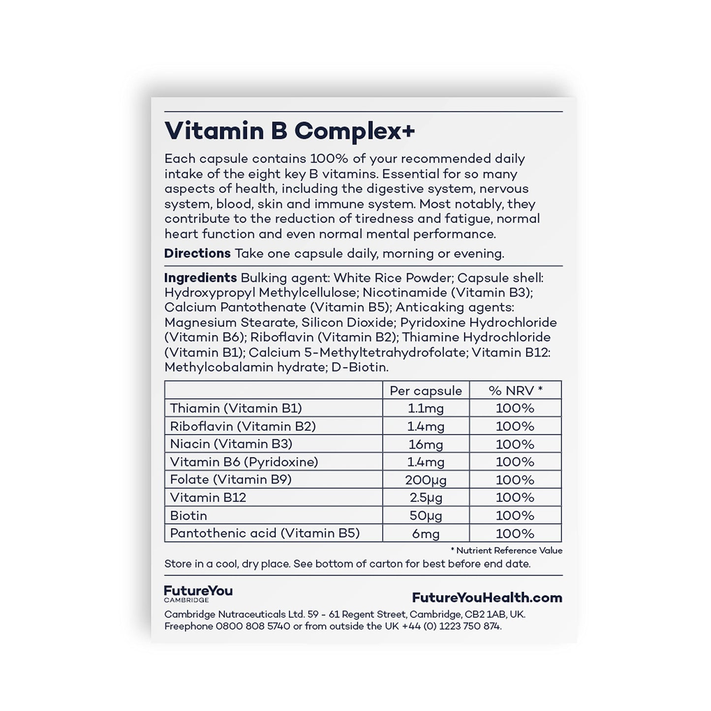 Vitamin B Complex+ Supplements – 8 Key B Vitamins for Optimal Cell Health – Energy Capsules FutureYou CambridgeUS supplements