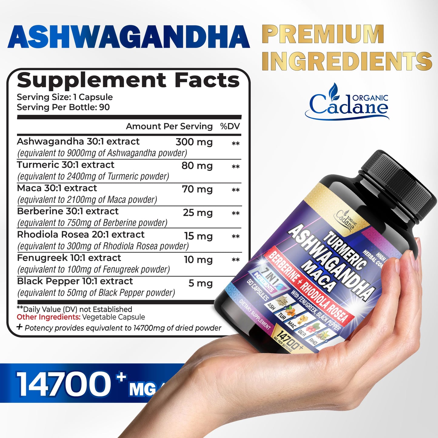 Ashwagandha Supplements 14700mg - Memory, Immune System & Strength Support Organic CadaneUS supplements