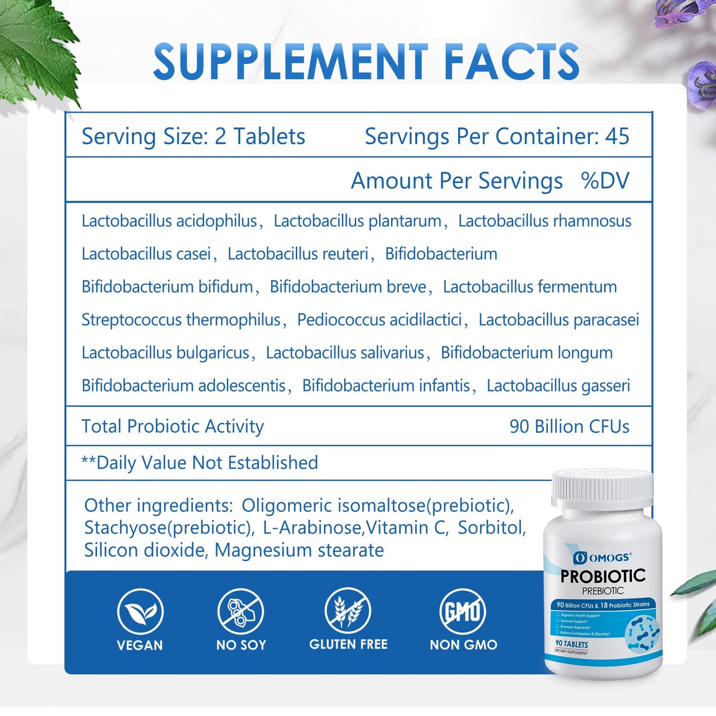 OMOGS Probiotics 90 Billion CFUs 18 Strains,with 3 Organic Prebiotic, Probiotics Supplement OMOGSUS supplements