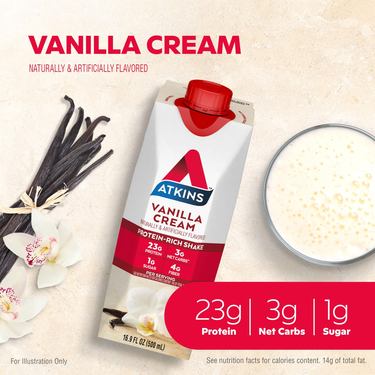 Atkins Vanilla Cream Meal Size Protein Shake, 23g Protein, Low Glycemic, 3g Carb AtkinsUS supplements