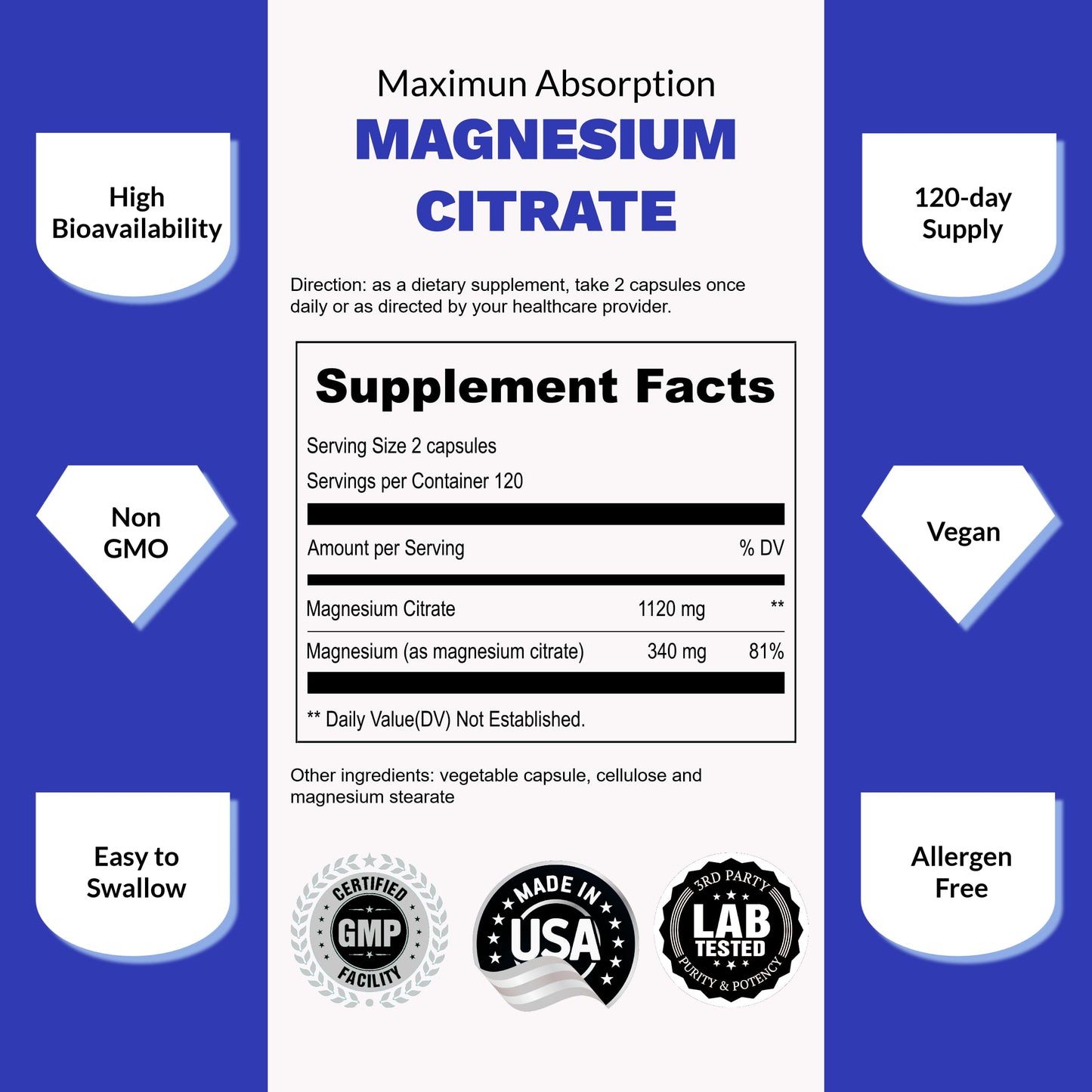 UpNourish Pure Magnesium Citrate (Citrato de Magnesio) 1120mg, 240 Capsules UpNourishUS supplements