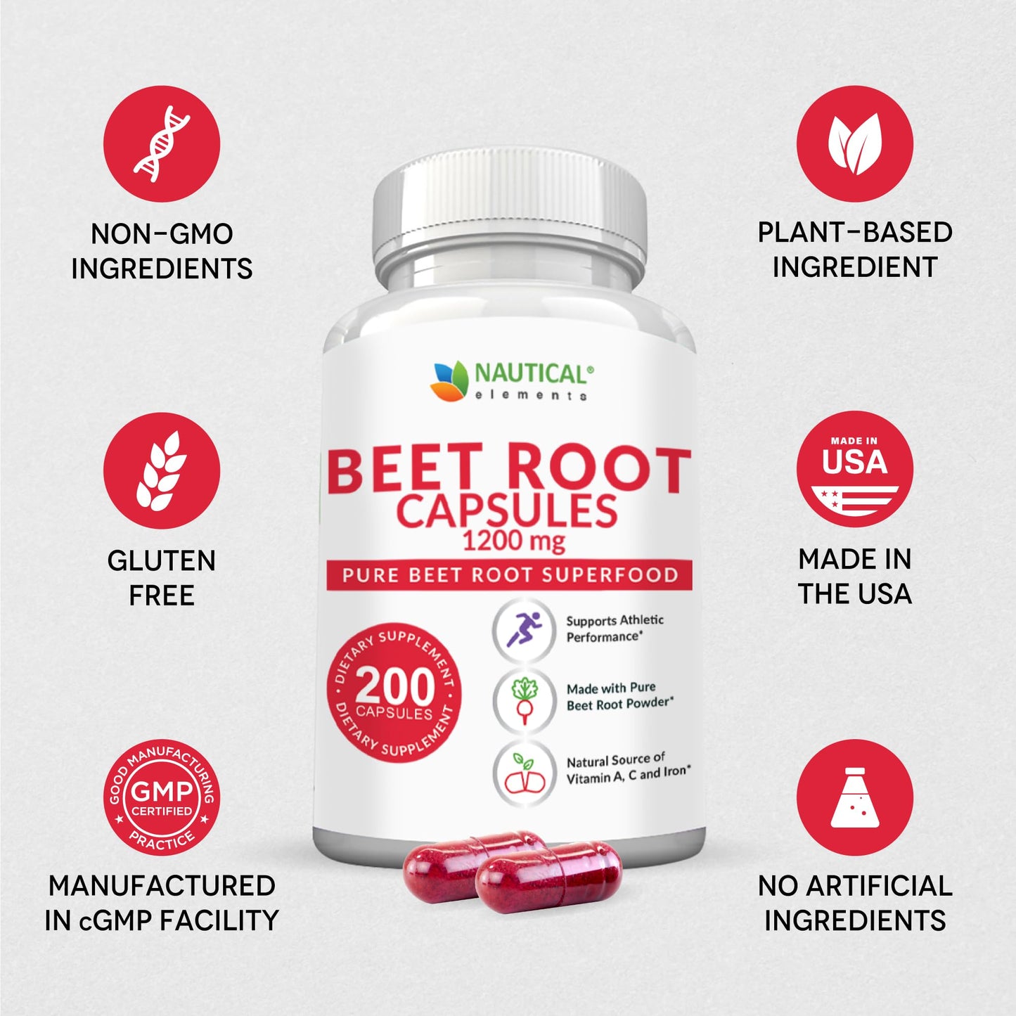 Beet Root Capsules - 1200mg Per Serving - 200 Beet Root Powder Capsules - Beetroot Powder Supports Blood Pressure, Athletic Performance, Digestive Nautical ElementsUS supplements