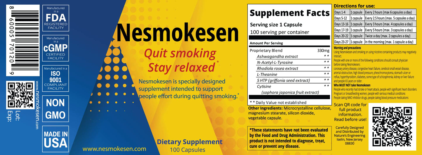 Nesmokesen - Quit Smoking Stay Relaxed, (100 Capsules / 27 Days Supply) Nature's EngineeringUS supplements