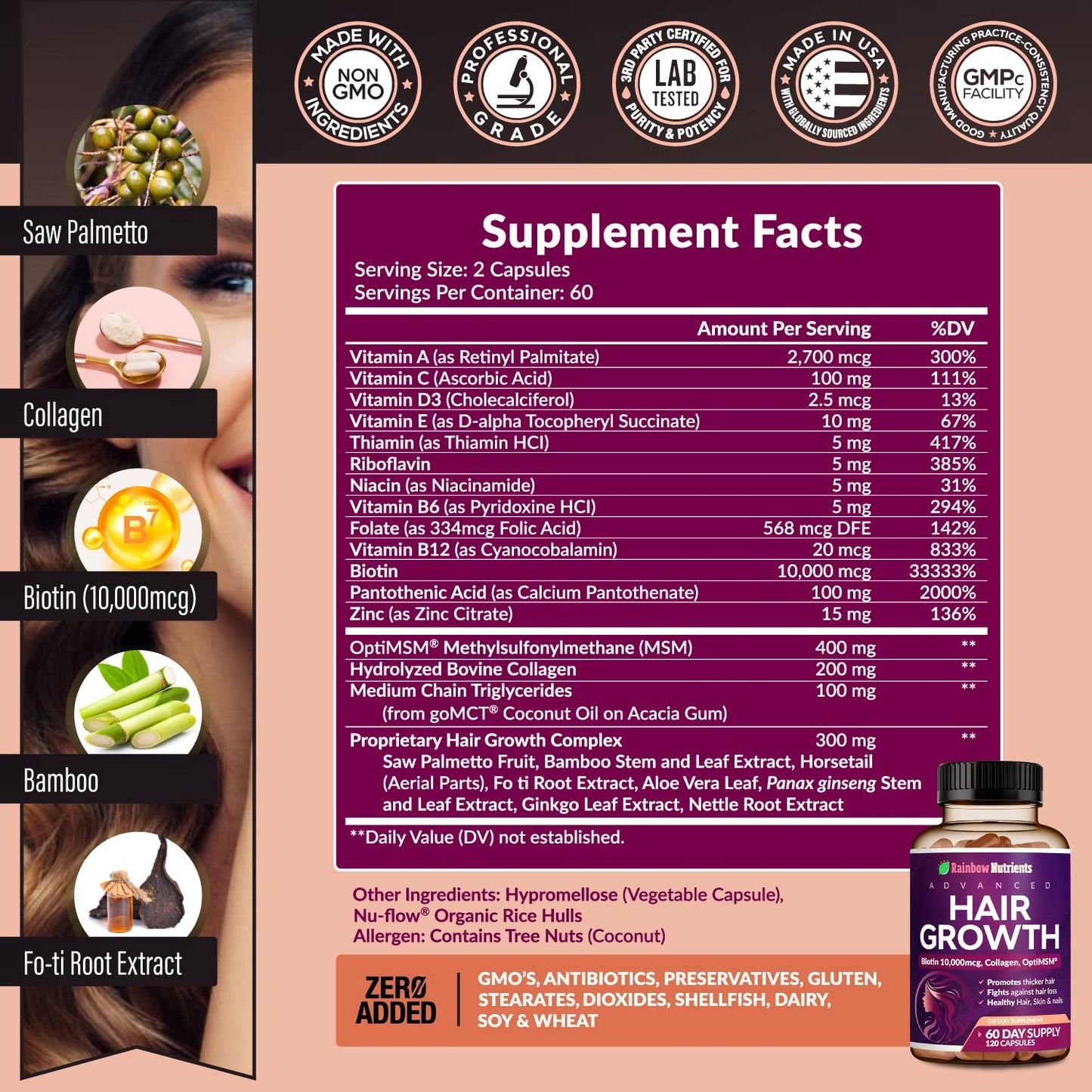 Hair Growth Vitamins for Women | Biotin 10,000mcg, Collagen, Patented OptiMSM®, goMCT Rainbow Nutrients, LLCUS supplements
