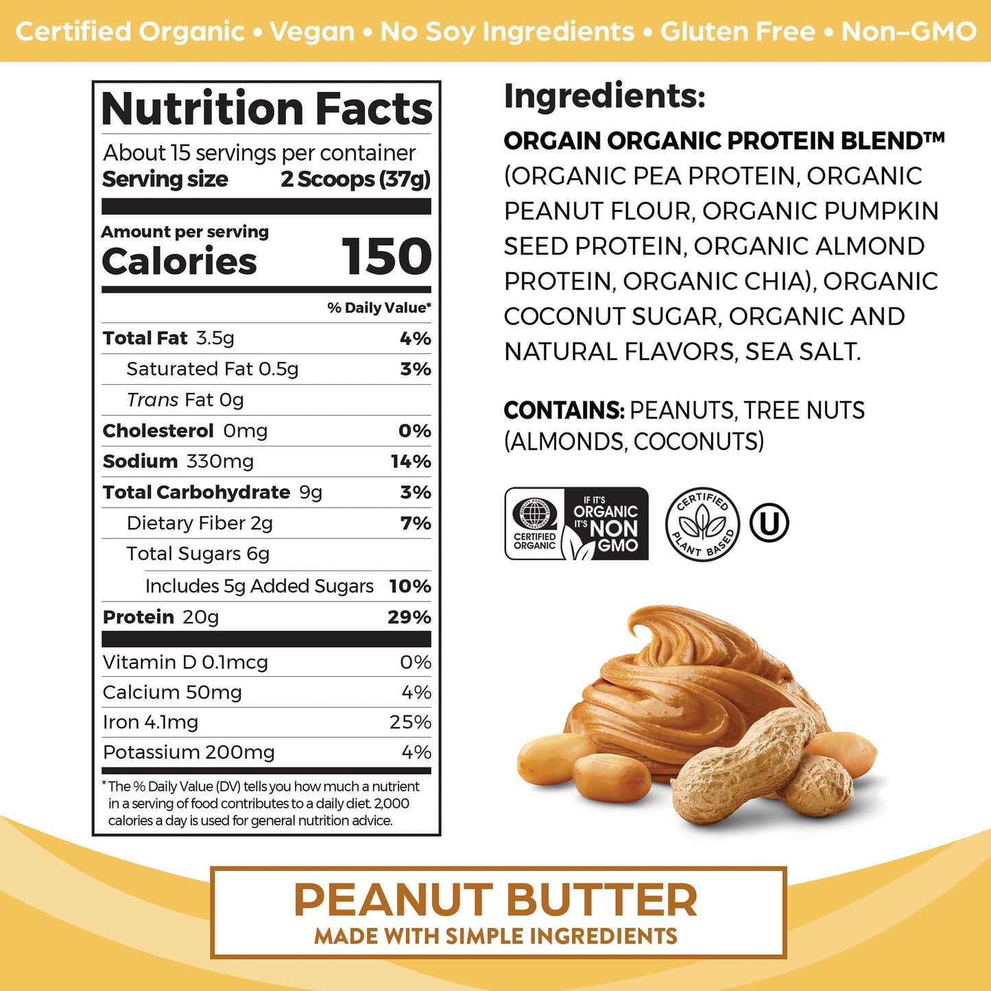 Orgain Organic Simple Vegan Protein Powder, Peanut Butter - 20g Plant Based Protein OrgainUS supplements
